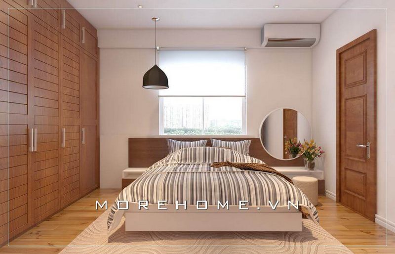 Giường ngủ chung cư hiện đại với chất liệu gỗ công nghiệp nhẹ nhàng, thanh thoát tạo nên một không gian phòng ngủ đầy sang trọng và tiện nghi